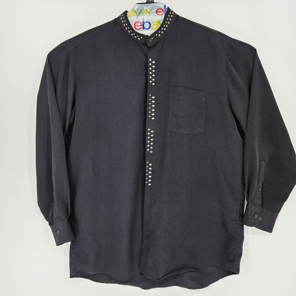 Vintage Pontelli Uomo Dress‎ Shirt Mens XXL Mock Neck Black Long Sleeve